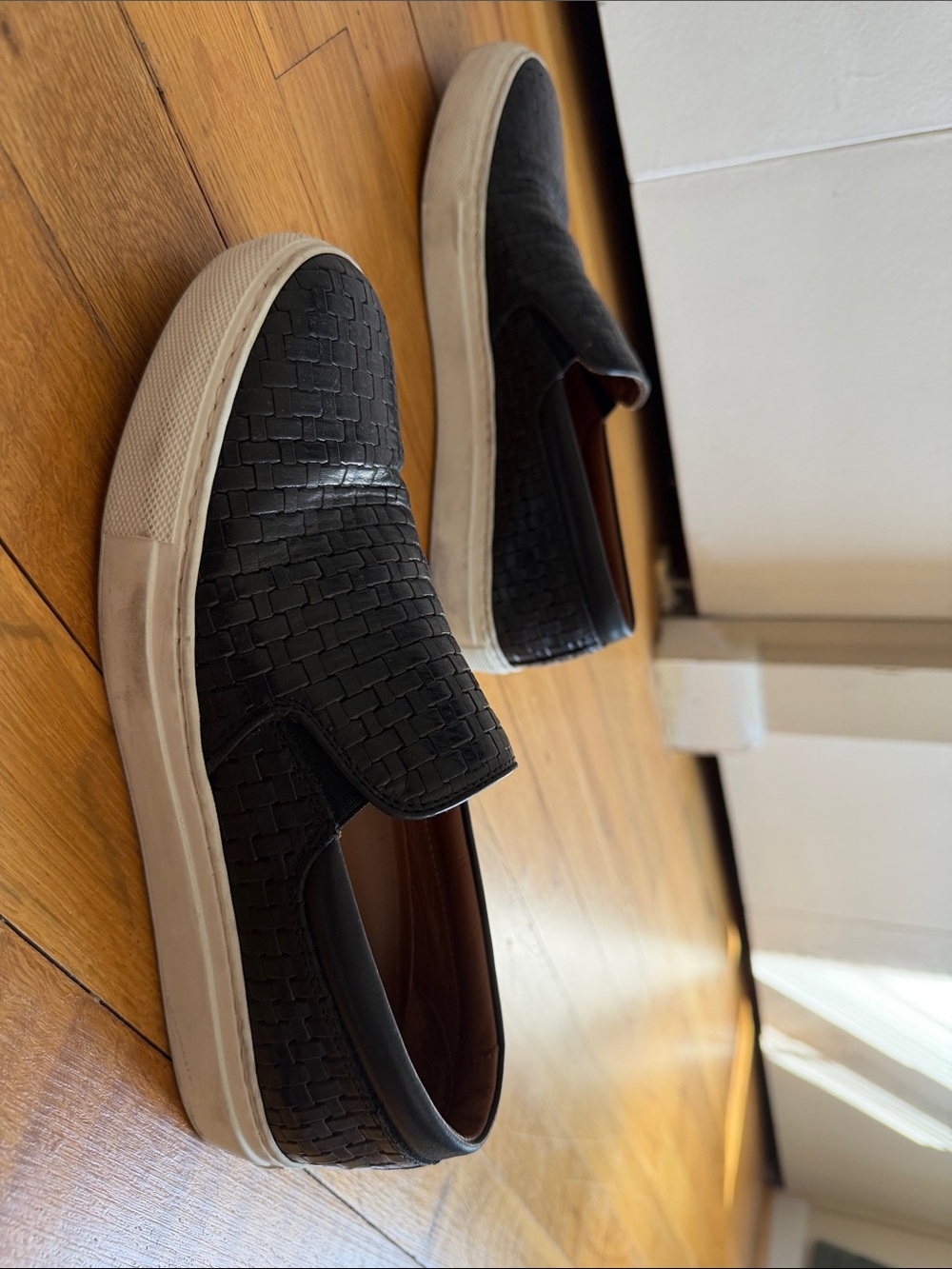 Aquatalia Black Woven Leather Slip-On Sneakers with White Sole - Picture 3 of 6